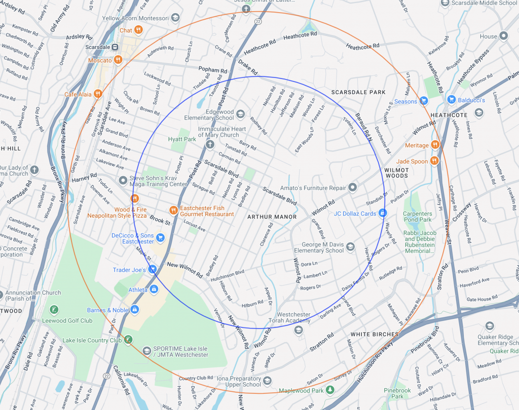 Search area map showing 1-mile and 0.66-mile radius circles centered in Scarsdale, NY